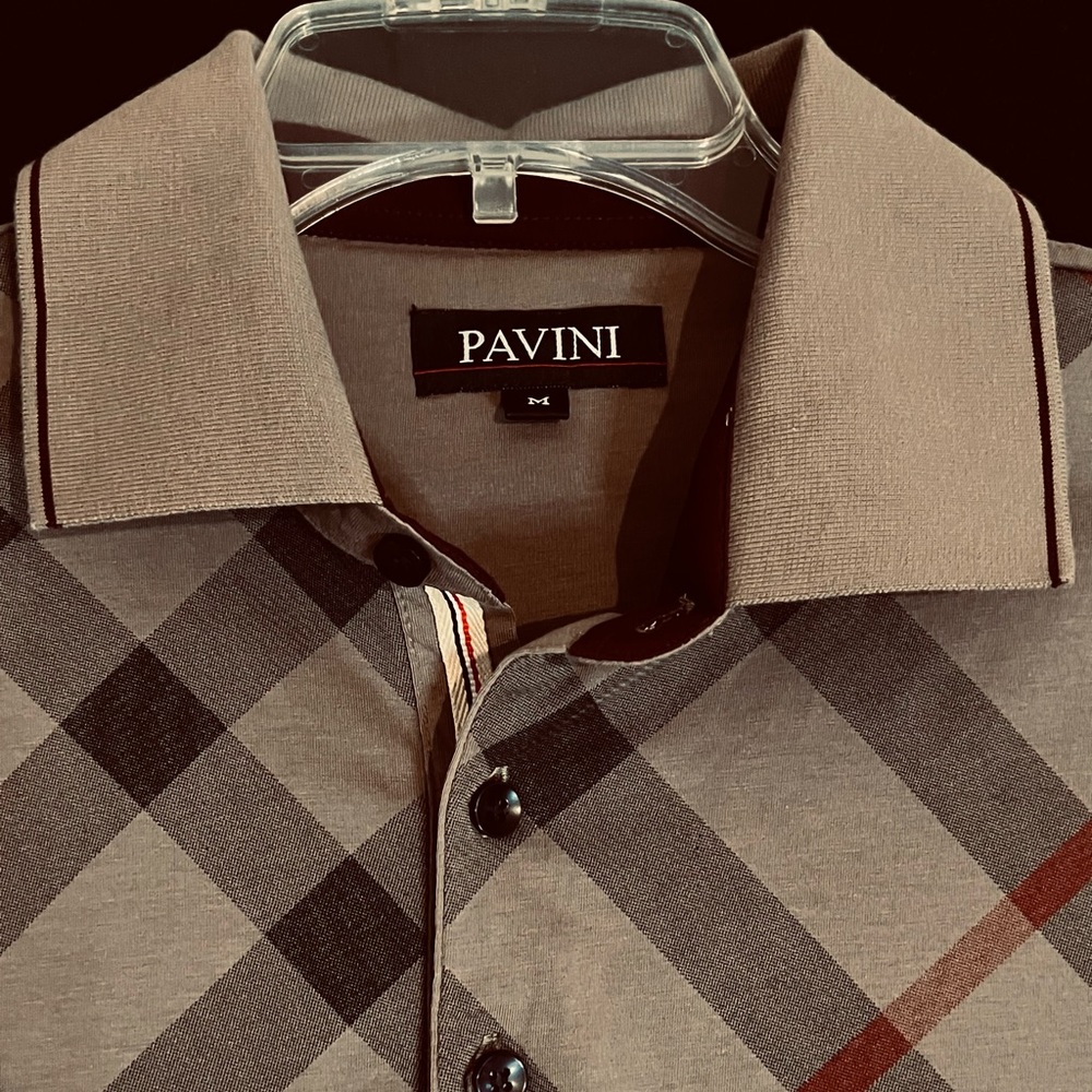 Pavini polo shirt size L. brown in color with grey stripes cotton blend
